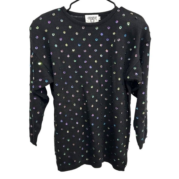 Cervelle Black Sweater With Colorful Sequins Design Sz Medium - Picture 1 of 9